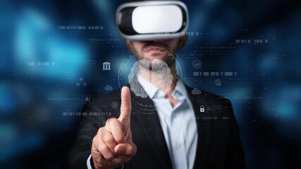 A businessman wearing a virtual reality headset interacts with a futuristic digital interface. The scene reflects modern technology and innovation in a high-tech setting. Raster - Powered by Adobe