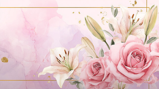 Elegant lilies and roses rest on a watercolor background.