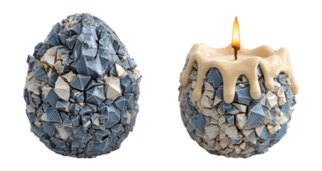 Artistic Blue and White Candle and Egg Shaped Objects on Transparent Background