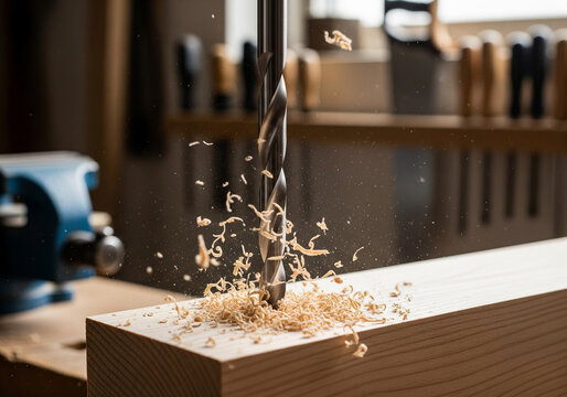 Carpenter Drilling Wood Closeup of Drill Bit and Sawdust in Woodworking Shop. DIY, Crafting, Carpentry Tools - Powered by Adobe