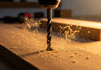 Power Drill Drilling Wood Closeup of Carpenter's Tool, Woodworking, Wood Shavings, Craftsmanship.