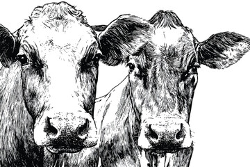Monochrome illustration of two inquisitive cows looking at the viewer with intricate details and expressive eyes capturing rural charm
