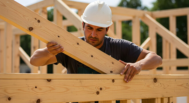 Construction worker in hard hat carefully placing wooden beam on new house frame