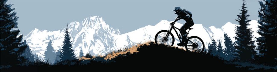 Mountain biker silhouette riding on hilltop with snowy mountains and forest landscape adventure cycling challenge