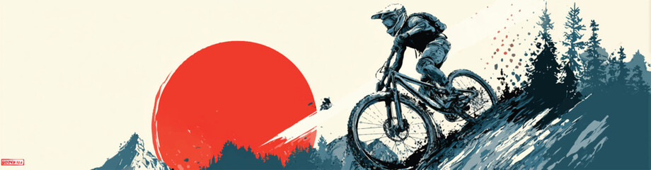 Mountain biker silhouetted against a vibrant sun extreme sports and adventure in nature illustration graphic