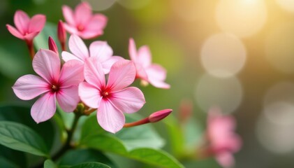 Delicate pink flowers, green leaves, bright background, light, arrangement