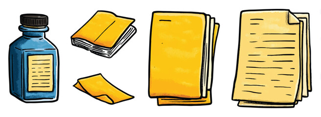 Office supplies with vintage appeal featuring ink bottle notebooks and stacked documents offering nostalgic feel