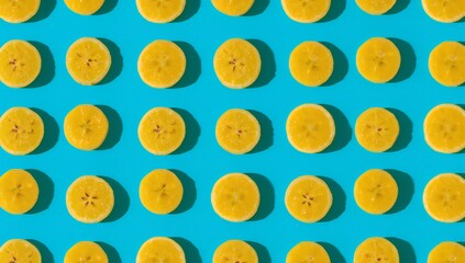 Fototapeta premium Banana Slices on a vibrant blue background, creating a visually appealing and healthy food display.