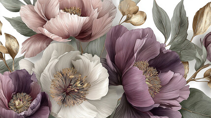 Elegant pastel pink floral artwork with golden accents bloom