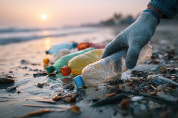 Gloved Hand Picking Up Plastic Bottle Waste on Beach