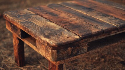 Rustic wooden table made from reclaimed planks resting on earthy ground under warm sunlight in a serene outdoor setting