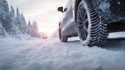 Christmas winter driving scene with car tire on snowy road, sunlit forest backdrop, low - angle view, copy space