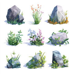 Polygonal rendered rocks and flora vegetation asset with plants and flowers set on white background digital illustration