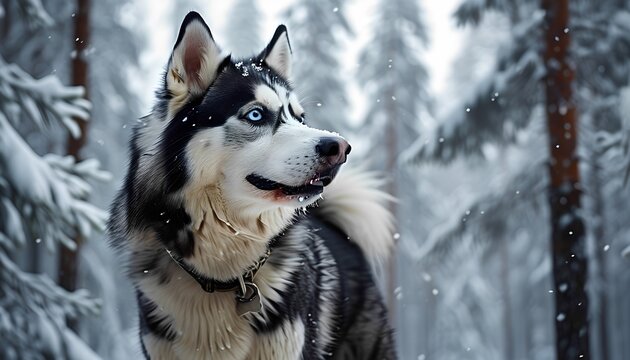 Majestic siberian husky with striking blue eyes stands alert in a snow covered winter forest looking off into the distance with a watchful expression
