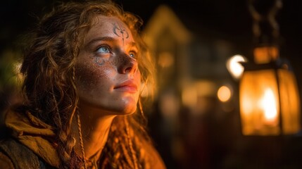 Halloween concept makeup. Young woman with face paint gazes at a lantern in a dark setting.