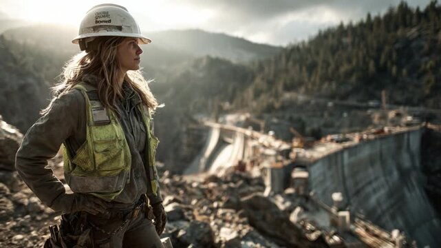 Construction Worker: A determined female construction worker stands confidently amidst a rugged construction site, overseeing the project with unwavering dedication and strength.