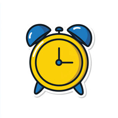 Retro style alarm clock illustration with blue and yellow colors on a white background