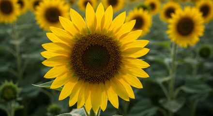 Fototapeta premium Close-up of a bright yellow sunflower blooming in a sunny field, with blurred sunflowers in the background, capturing summer beauty.