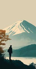 Serene Lake View with Majestic Mountain and Hiker Contemplating Natures Beauty in Minimalist Style Illustration