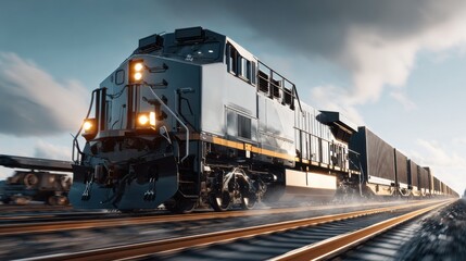 Obraz premium Powerful freight train speeding down railway track with cargo cars under a clear blue sky and dramatic cloud formations