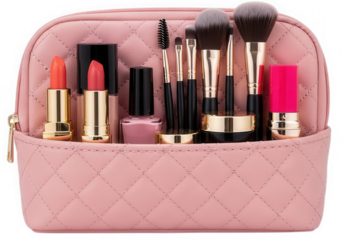 Pink makeup bag with cosmetics isolated on transparent background