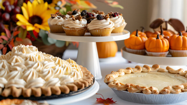 Thanksgiving Feast: A delightful arrangement of pies, cupcakes, and autumnal decorations create a vibrant tableau of food, warmth, and the joy of sharing.