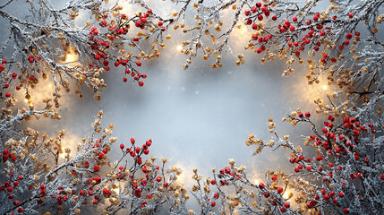 Winter branches with red berries frame a snowy backdrop
