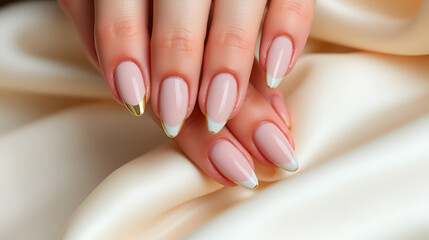 A graceful hand displaying chic almond-shaped nails, accented with gold tips on smooth, ivory satin.
