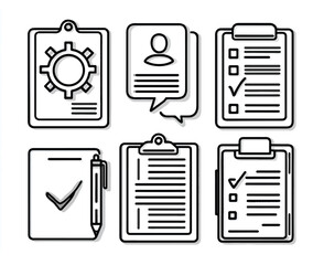 Set of modern icons representing business management processes in a minimalist line art style