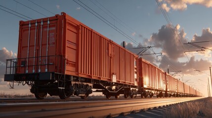 Obraz premium Vibrant Sunset over a Long Freight Train with Orange Cargo Containers on Tracks Capturing Industrial Aesthetic and Urban Landscape