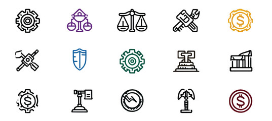 Set of various line icons representing industry finance and law concepts on white background