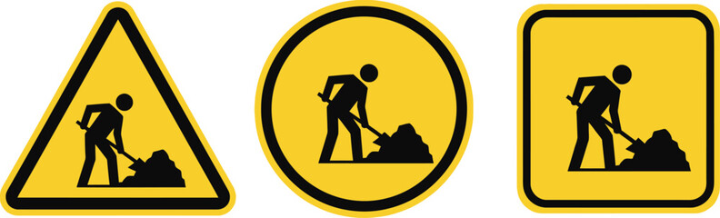 Obraz premium Yellow Alert Sign Collection Showing Man Digging with Shovel Silhouette in Triangle, Circle, Square