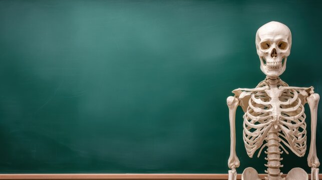 Anatomical skeleton model in a classroom setting with chalkboard background for educational purposes and medical demonstrations
