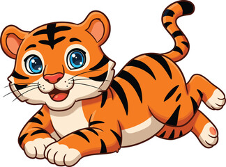 Cartoon tiger cub jumping forward, cute animal character, playful jungle wildlife, blue eyes, orange fur, kids book illustration, isolated