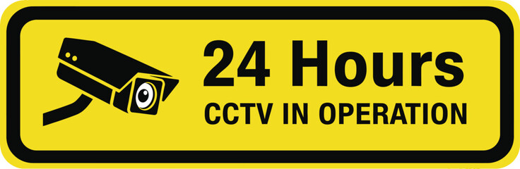 Yellow Warning Sign With Black CCTV Camera and Bold 24 Hours Text
