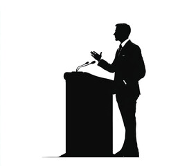 Silhouette of a confident business man delivering a speech behind a podium on white background