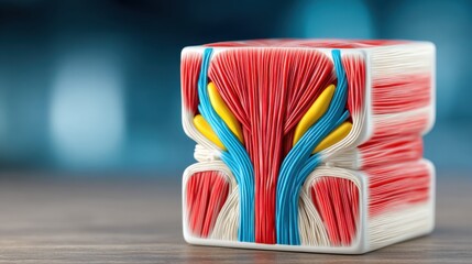Detailed anatomical model showing colorful representation of human muscle structure and associated elements for educational use