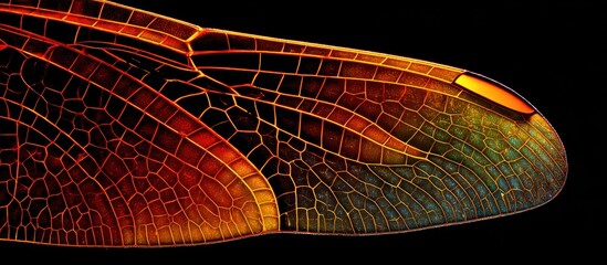 Close-up, textured, iridescent insect wing with detailed, geometric venation
