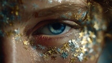 Halloween concept makeup. Close-up of an eye with shimmering facial decorations.