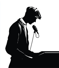 Silhouette of a musician singing into a vintage microphone with a cap in black and white style portrait
