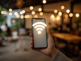 Checking wifi signal strength on smartphone in cafe with bright bokeh background