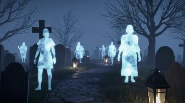 Ethereal Ghosts Parade Spooky Cemetery Scene with Lanterns at Night.