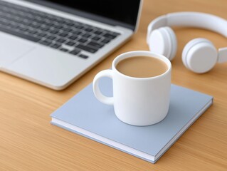White ceramic coffee cup sits on a blue notebook beside a laptop and headphones on a wooden desk, creating a cozy workspace atmosphere for productivity and relaxation