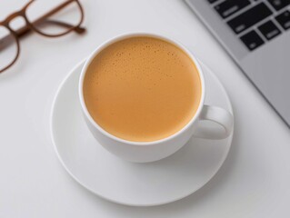 White ceramic cup filled with creamy coffee sits on a saucer beside a pair of reading glasses and a laptop, creating a cozy workspace atmosphere for productivity