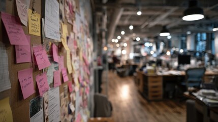 A wall covered with colorful sticky notes in a modern office space. The background shows desks and workstations in a collaborative environment.