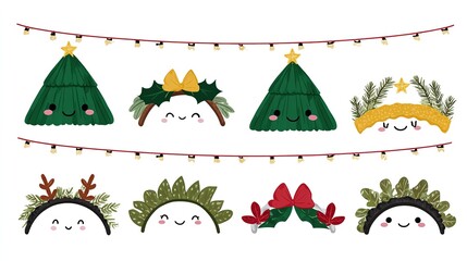 Cute Christmas headbands with tree, holly, bow designs, hanging on string lights, against white background, flat design, copy space
