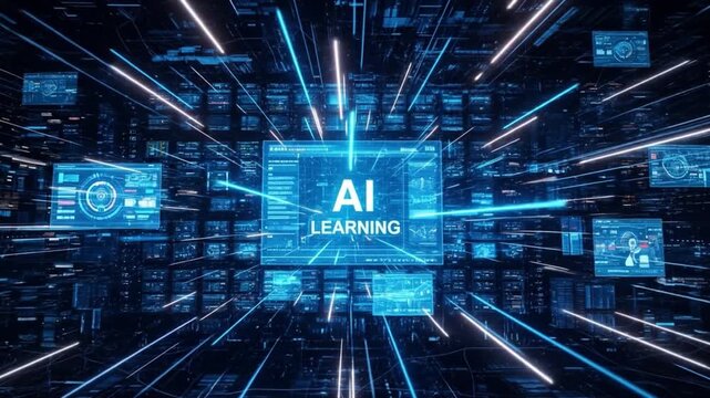 A digital matrix of screens displaying data and the words AI LEARNING Light streaks add a dynamic element