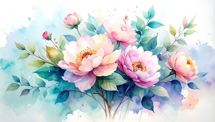 Ethereal watercolor bouquet of pink peonies