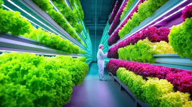 Indoor Farm Cultivation: An agricultural worker, fully attired in a protective suit, meticulously tends to rows of vibrant, organically grown vegetables in a climate-controlled.