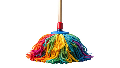 Colorful mop with bright cleaning strands and sturdy handle, isolated on transparent background.